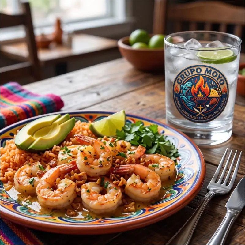 Platillo de camarones al mojo de ajo con arroz, aguacate y vaso con logotipo de Grupo Moyo en Martínez de la Torre.