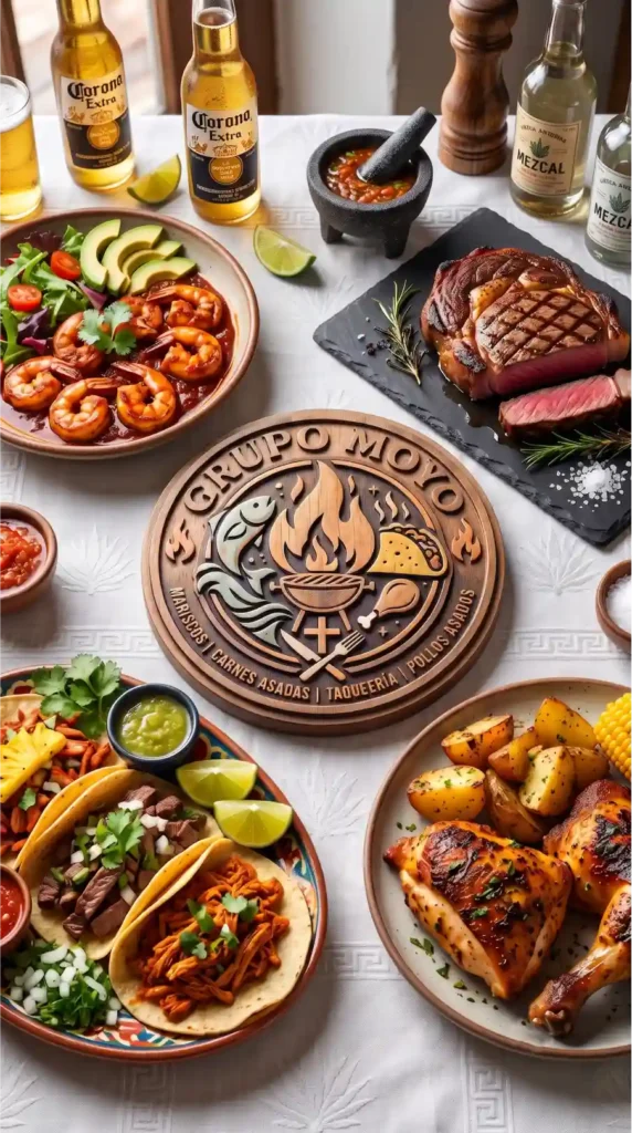 Platillos representativos de Grupo Moyo en Martínez de la Torre mostrando camarones, carne asada, tacos y pollo asado alrededor del logotipo de madera.