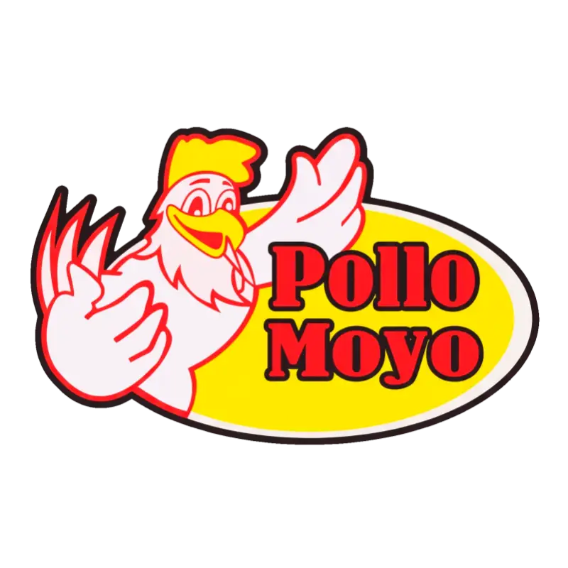 Logotipo oficial de Pollo Moyo en Martínez de la Torre, presentando la mascota de la marca junto a la tipografía en colores rojo y amarillo.