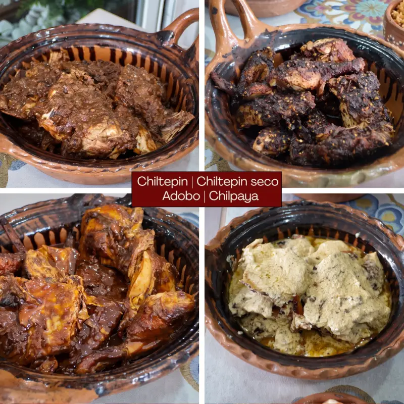 Collage de cuatro macetas de barro tradicionales con pollo asado de Pollo Moyo, cada una mostrando un adobo artesanal diferente: Chiltepín, Chiltepín seco, Adobo y Chilpaya. Plato rústico y delicioso.