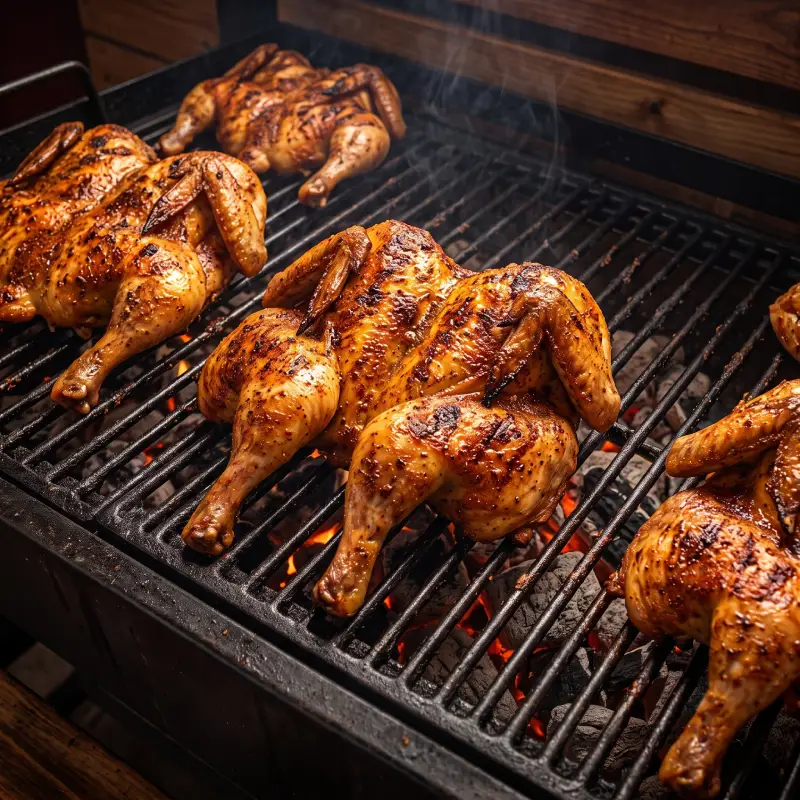 Pollos enteros asándose sobre brasas encendidas en una parrilla metálica, mostrando su piel dorada y crujiente en el restaurante Pollo Moyo de Martínez de la Torre, Veracruz.