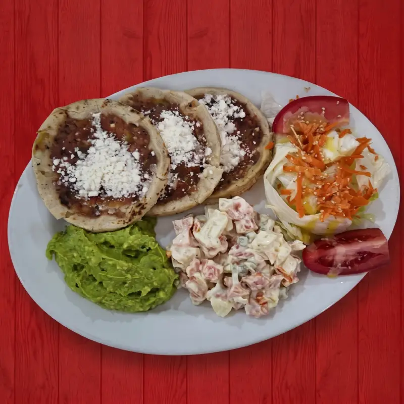 Plato blanco con guarniciones tradicionales mexicanas que incluye gorditas con queso, guacamole, ensalada rusa y ensalada fresca en el restaurante Pollo Moyo de Martínez de la Torre.