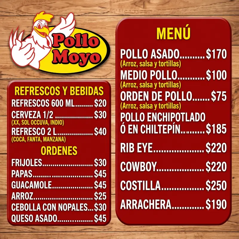 Carta menú oficial de Pollo Moyo con precios actualizados de pollos asados, cortes de carne, guarniciones tradicionales mexicanas, refrescos y cervezas.