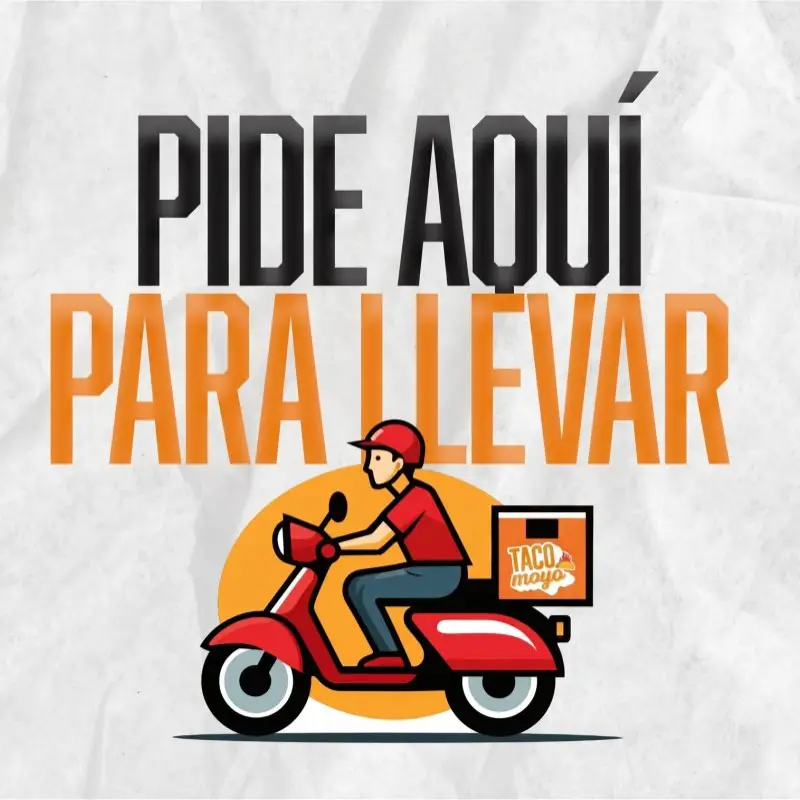Ilustración de un repartidor en motocicleta promocionando el servicio a domicilio gratis de comida y tacos en Taco Moyo, Martínez de la Torre.